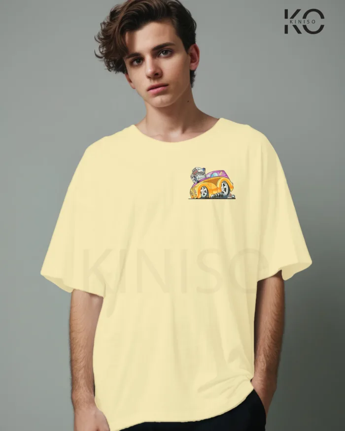 Image of Off White color drop shoulder t-shirt with Racing Car Engine Print for men at reasonable price